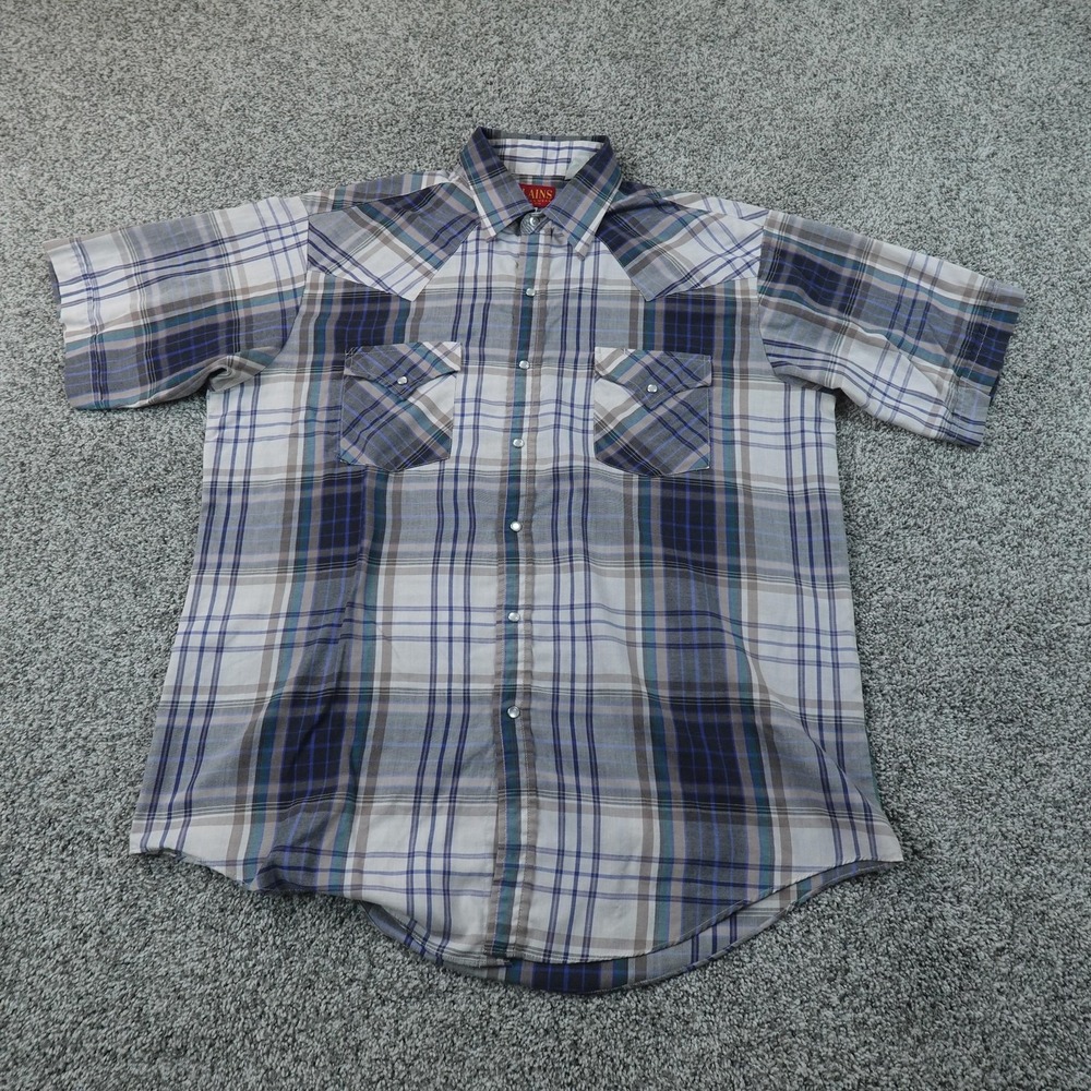 Plains Western Wear Shirt Mens L Blue Plaid Pearl Snap Short Sleeve Western